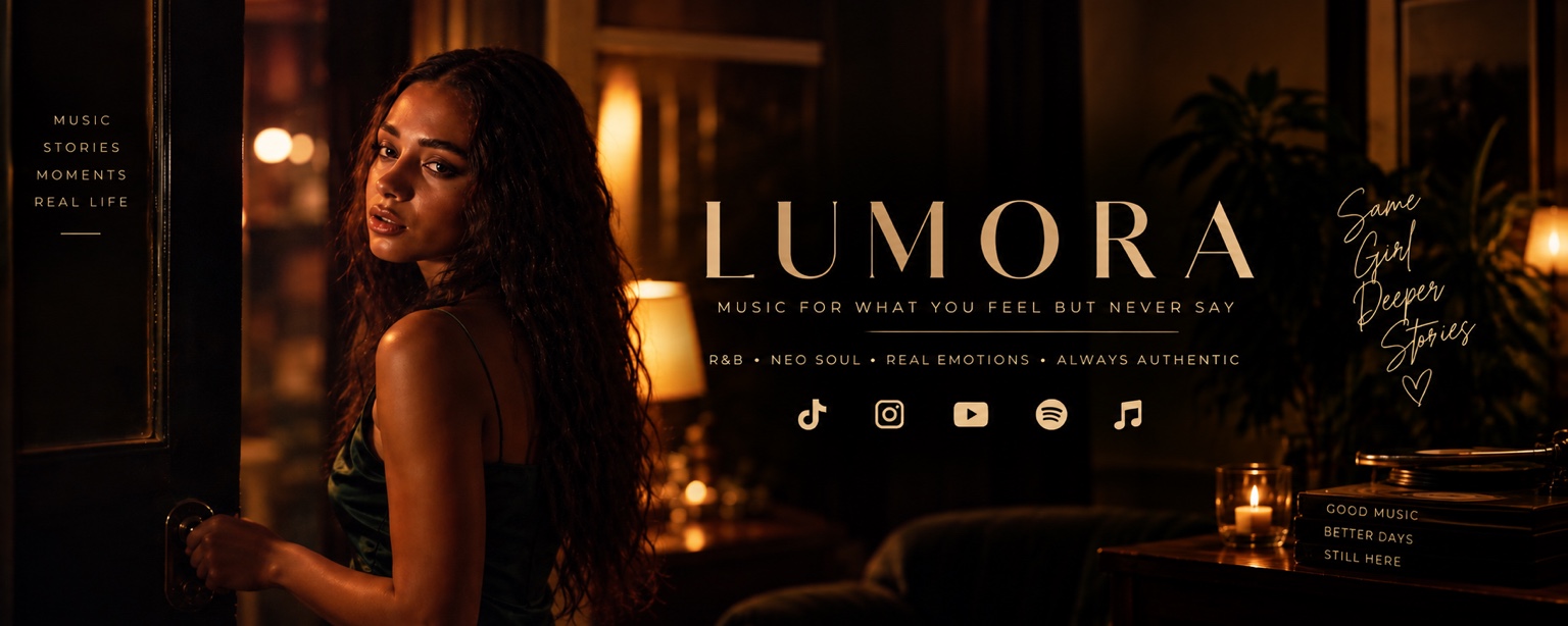 Original Lumora YouTube channel artwork: music for what you feel but never say; same girl, deeper stories.